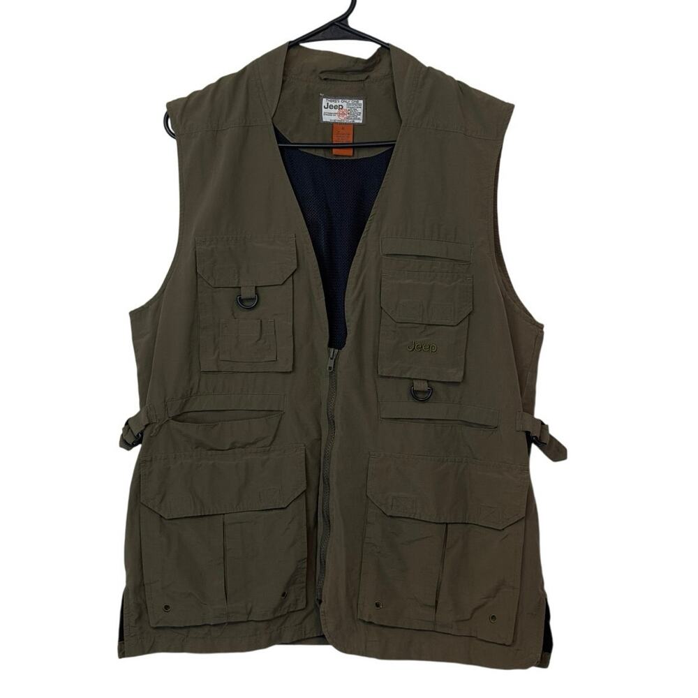 Jeep Safari Zip Up Vest Size M Green Pockets Hunting Fishing Utility Outdoors